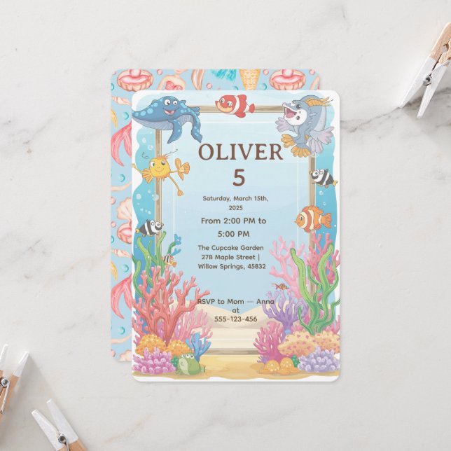 Under the Sea Birthday Invitation, Oliver 4th  Einladung (Vorderseite/Rückseite Beispiel)