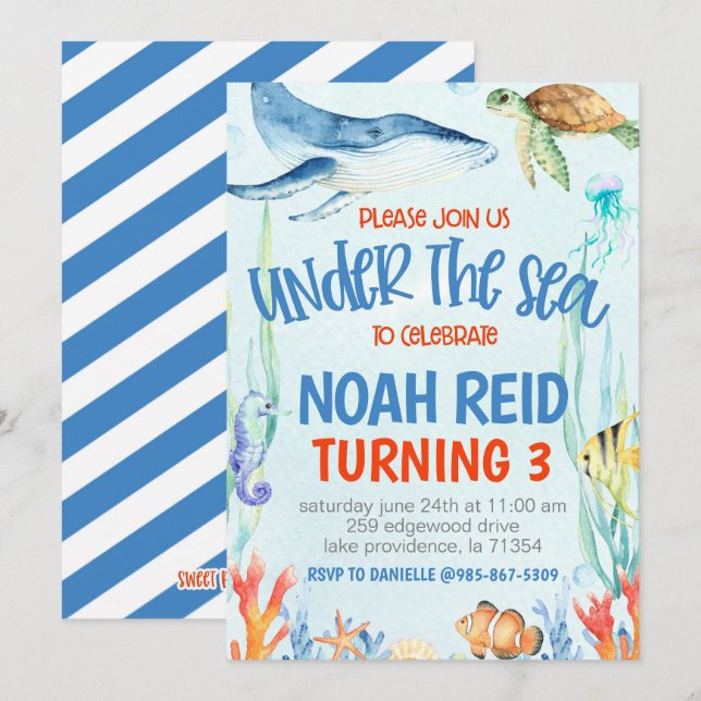 Under the Sea Birthday Party Invitation (Devant / Derrière)