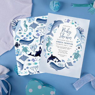 Under the Sea Blau Wasserfarben Baby Shower für Ju Einladung