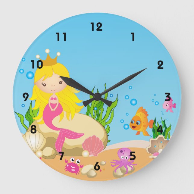 Under the Sea Blonde Mermaid Wall Clocks Große Wanduhr (Vorderseite)