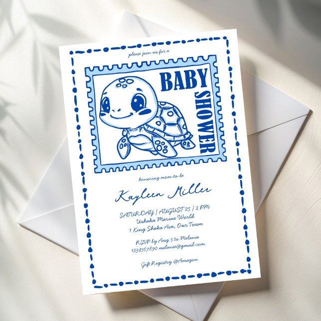 Under the sea blue cute turtle baby shower einladung (Under the sea blue cute turtle baby shower invitation cards template hand drawn post stamp turtle)