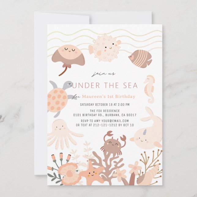 Under the Sea Creatures Pink Girl Birthday Einladung (Vorderseite)