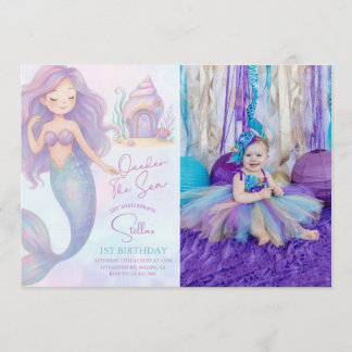 Under the Sea Mermaid Purple 1st Birthday Photo Einladung