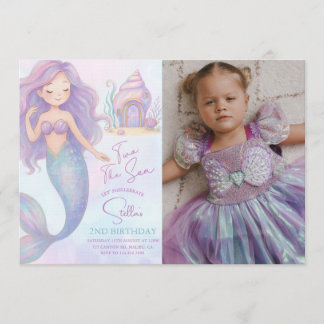 Under the Sea Mermaid Purple 2nd Birthday Photo Einladung