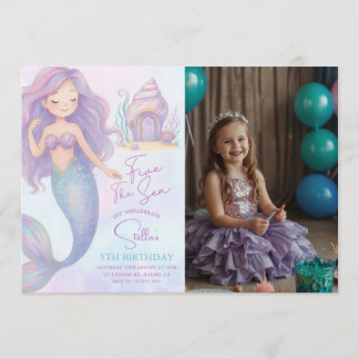 Under the Sea Mermaid Purple 5th Birthday Photo Einladung