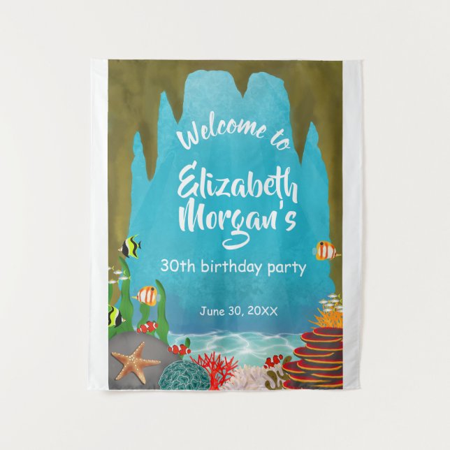 Under the Sea Ocean Cave Birthday Sign Tapestry Wandteppich (Vorderseite)