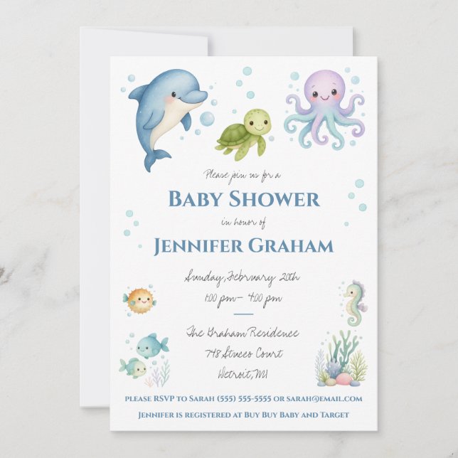 Under the Sea, Ocean Creatures Baby Shower Einladung (Vorderseite)