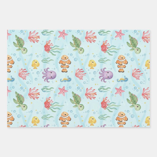 Under the Sea Party Colourful Ocean Creatures Geschenkpapier Set (Vorderseite)