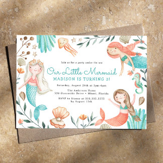 Under The Sea Watercolor Mermaid Birthday Party Einladung