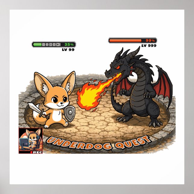 Underdog Quest Fennec Fuchs RPG Kampf Drache Chibi Poster (Vorne)