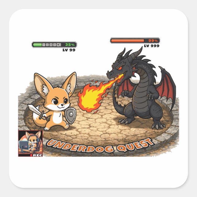 Underdog Quest Fennec Fuchs RPG Kampf Drache Chibi Quadratischer Aufkleber (Vorderseite)