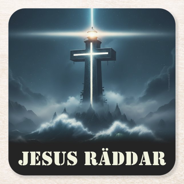 Underlägg — Jesus räddar Rechteckiger Pappuntersetzer (Vorderseite)