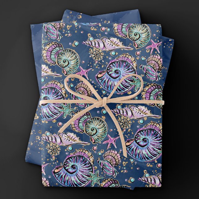 Underwater Blue Luxe | Pastel Gold Seashells Geschenkpapier Set (Von Creator hochgeladen)