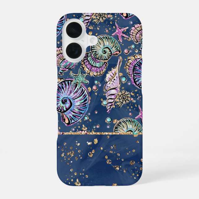 Underwater Blue Luxe | Pastel Gold Seashells iPhone 16 Hülle (Rückseite)