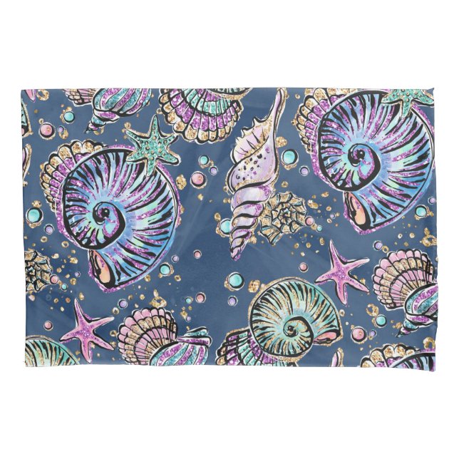 Underwater Blue Luxe | Pastel Gold Seashells Kissenbezug (Vorderseite)