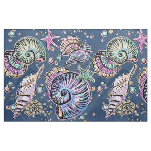 Underwater Blue Luxe Pastel Gold Seashells Stoff