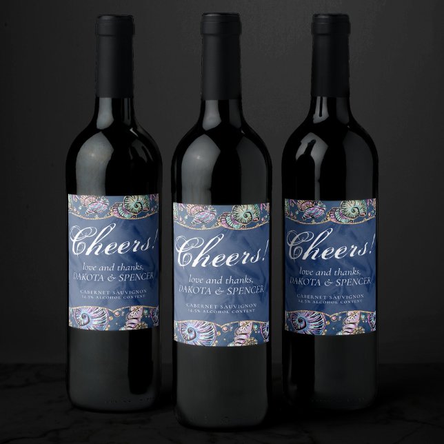 Underwater Blue Luxe | Pastel Gold Seashells Weinetikett (Von Creator hochgeladen)