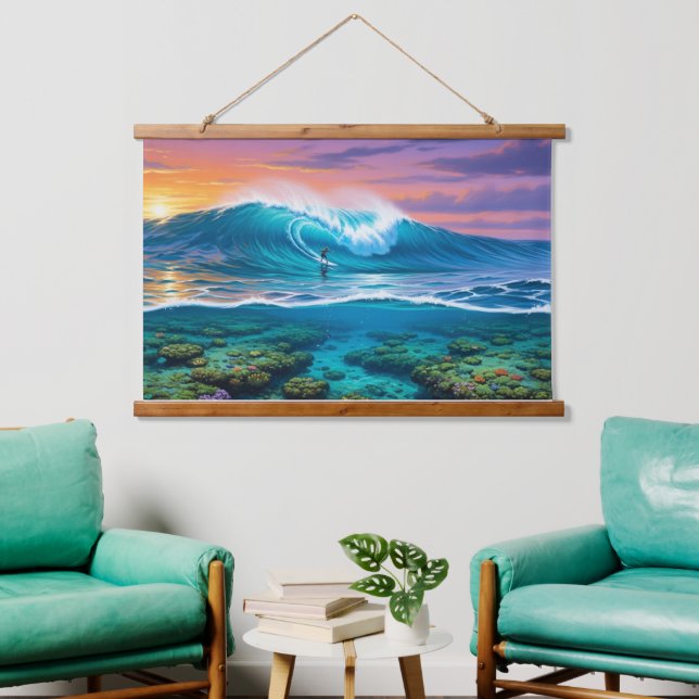 Underwater Coral Reef Surfing View - Split-Level O Wandteppich Mit Holzrahmen (Wohnzimmer)