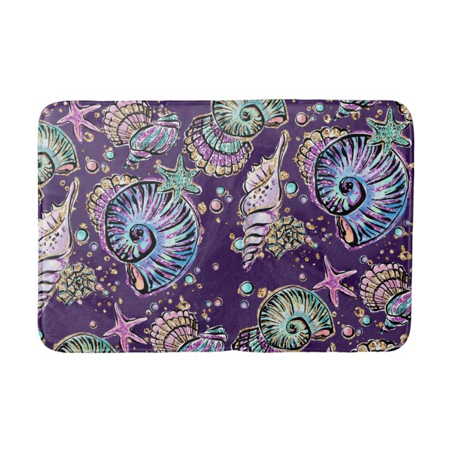 Underwater Lila Luxe | Dark Pastel Gold Sea Life Badematte (Vorderseite)