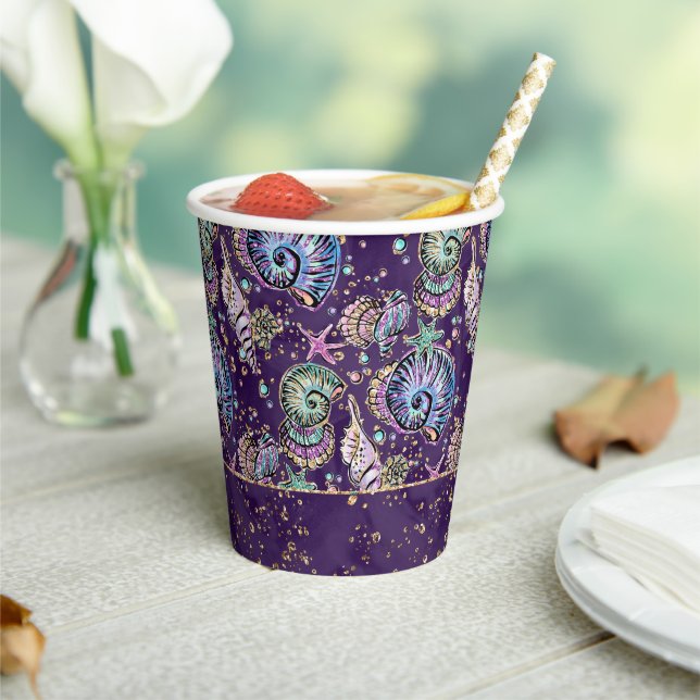 Underwater Lila Luxe | Dark Pastel Gold Sea Life Pappbecher (In Situ)