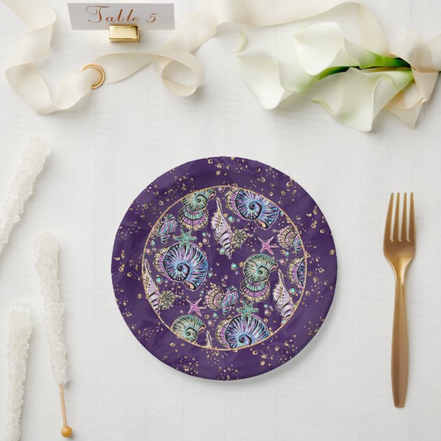 Underwater Lila Luxe | Dark Pastel Gold Sea Life Pappteller (Hochzeit)