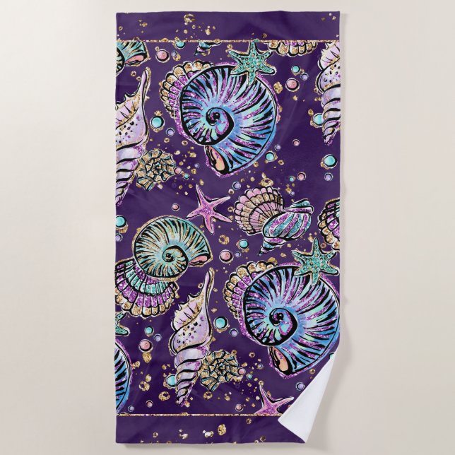 Underwater Lila Luxe | Dark Pastel Gold Sea Life Strandtuch (Vorderseite)