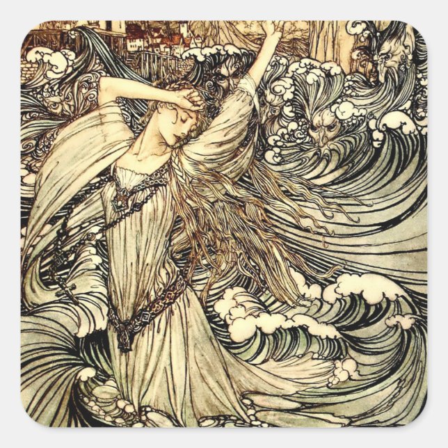 "Undine in the Waves" von Arthur Rackham Quadratischer Aufkleber (Vorderseite)