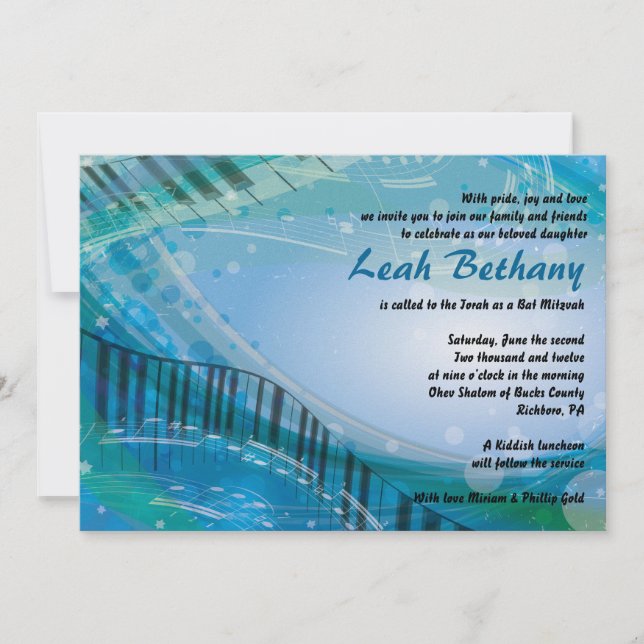 UNDS DER PIANO-Bat Bar Mitzvah Einladung (Vorderseite)