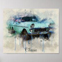 Une affiche classique d'une vieille voiture bleu p