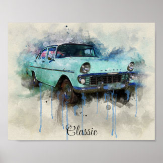 Une affiche classique d'une vieille voiture bleu p