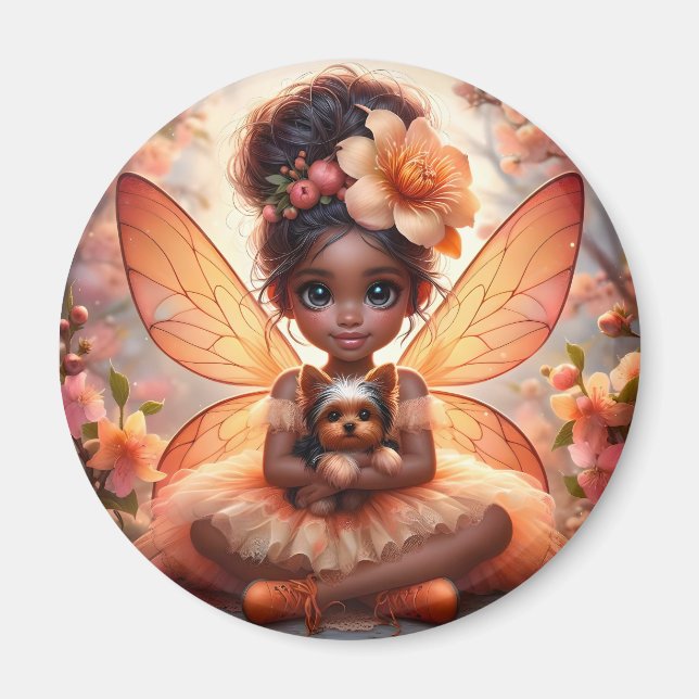 Une Fée et son Chiot - Aimant Orange (Devant)