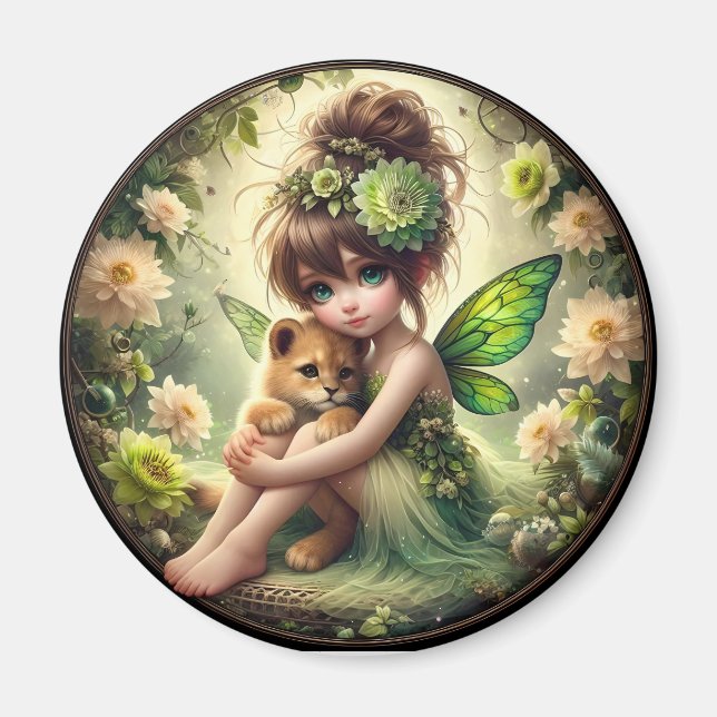 Une fée et son Lion Cub - Aimant Vert (Devant)
