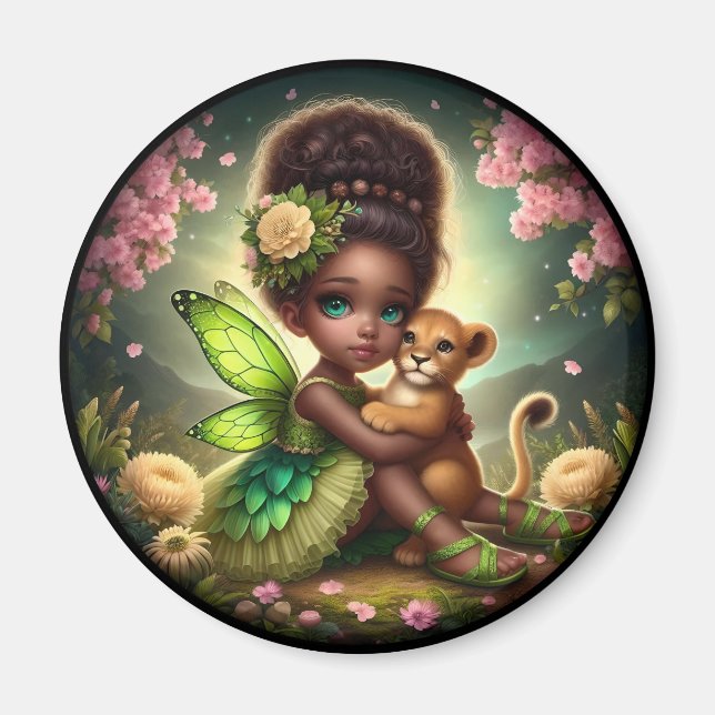 Une fée et son Lion Cub - Aimant Vert (Devant)