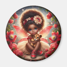 Une fée et son Lion Cub Red Magnet