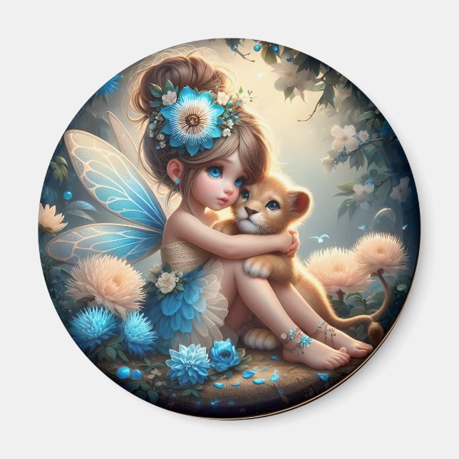 Une Fée et son Lionceau - Aimant Bleu (Devant)