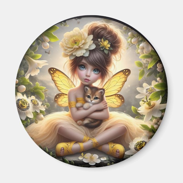 Une Fée et son Lionceau - Aimant Jaune (Devant)