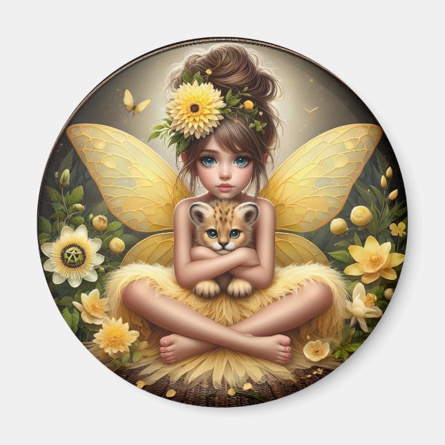 Une fée et son petit léopard - Aimant jaune (Devant)