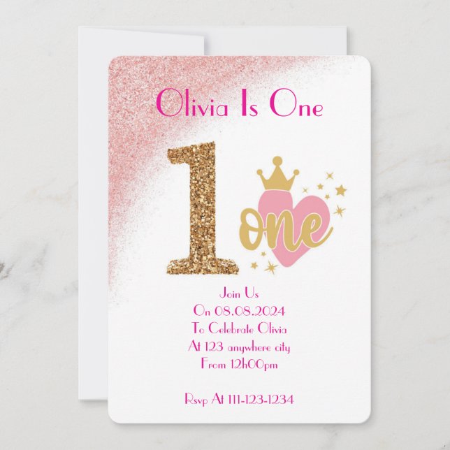 UNE FILLE D'UN AN ENFANT ANNIVERSAIRE INVITATION (Devant)