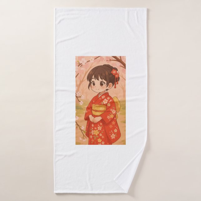 Une fille japonaise mignonne dans un jardin de fle (Serviette de bain)