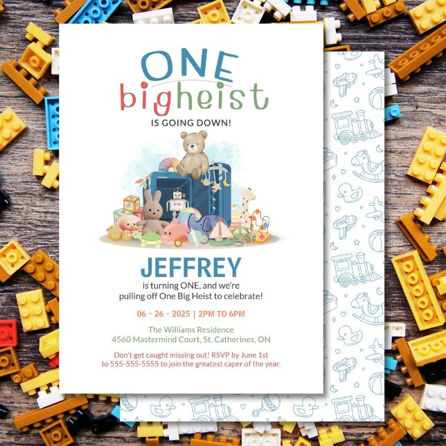 Une grande Heist première invitation anniversaire (One Big Heist birthday invite for a fun, toy heist first celebration!)
