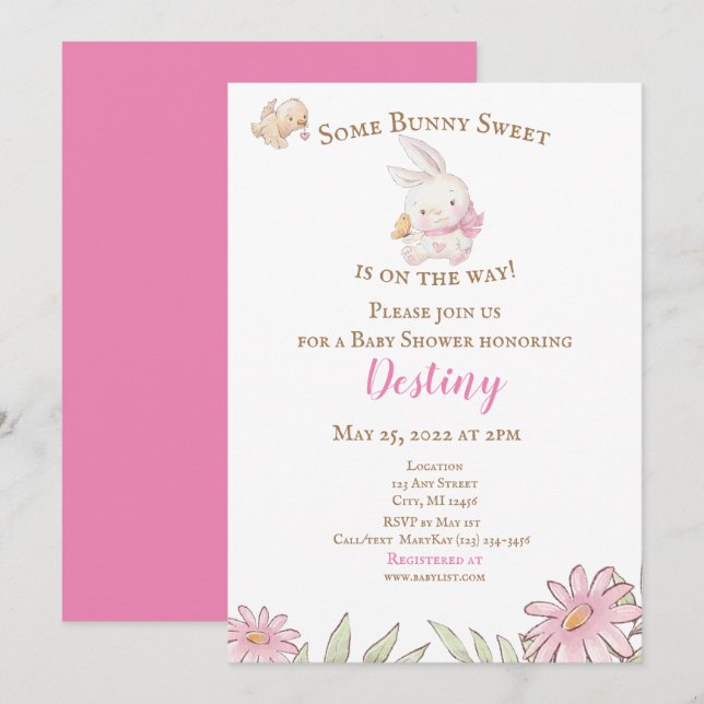 Une Invitation De Baby shower Rose Bunny  (Devant / Derrière)