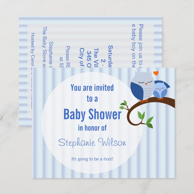 Une Invitation De Chouette Bleue Baby shower (Devant / Derrière)
