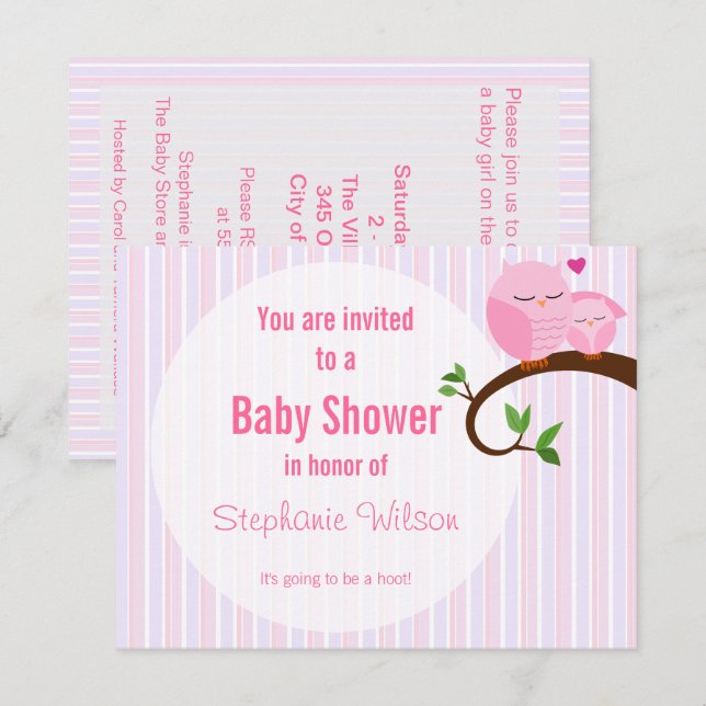 Une Invitation De Chouette Rose Baby shower (Devant / Derrière)