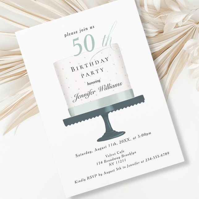 Une invitation moderne et élégante pour l'annivers (Modern, elegant, white, mint, birthday cake invitation.)
