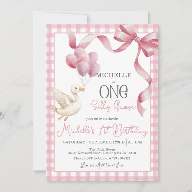 Une oie bête 1er anniversaire Invitation - rose (Devant)