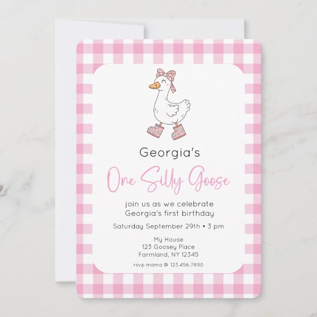 Une oie sotte rose 1er anniversaire Invitation pho (Devant)