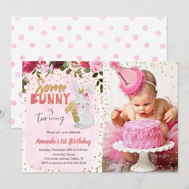 Une Petite Fille Bunny 1er Invitation Anniversaire (Devant / Derrière)
