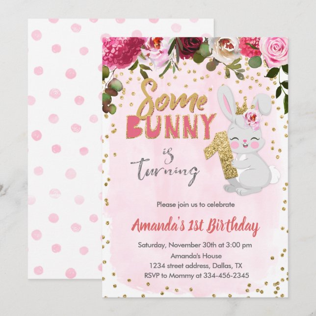Une Petite Fille Bunny 1er Invitation Anniversaire (Devant / Derrière)