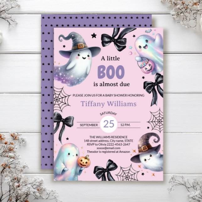 Une Petite Invitation Baby shower Boo | Fantôme mi (A little BOO is almost due — pastel ghost baby shower invite in pink and purple tones)
