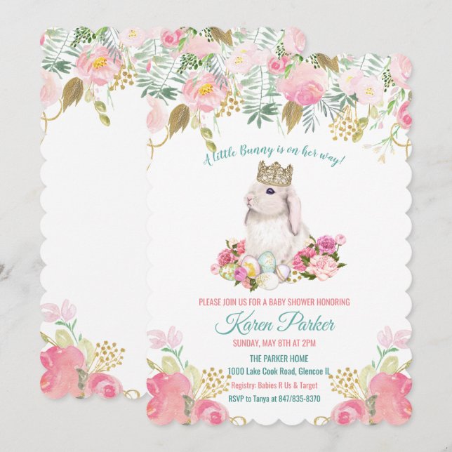 Une Petite Invitation De Baby shower Floral Bunny (Devant / Derrière)
